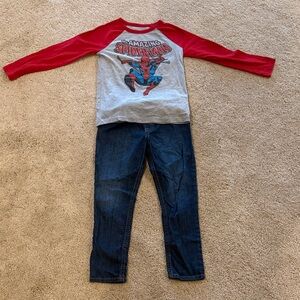 Marvel Spider-Man Long Sleeve Raglan Tee with Jeans for Kids - Red/Gray. Boys.